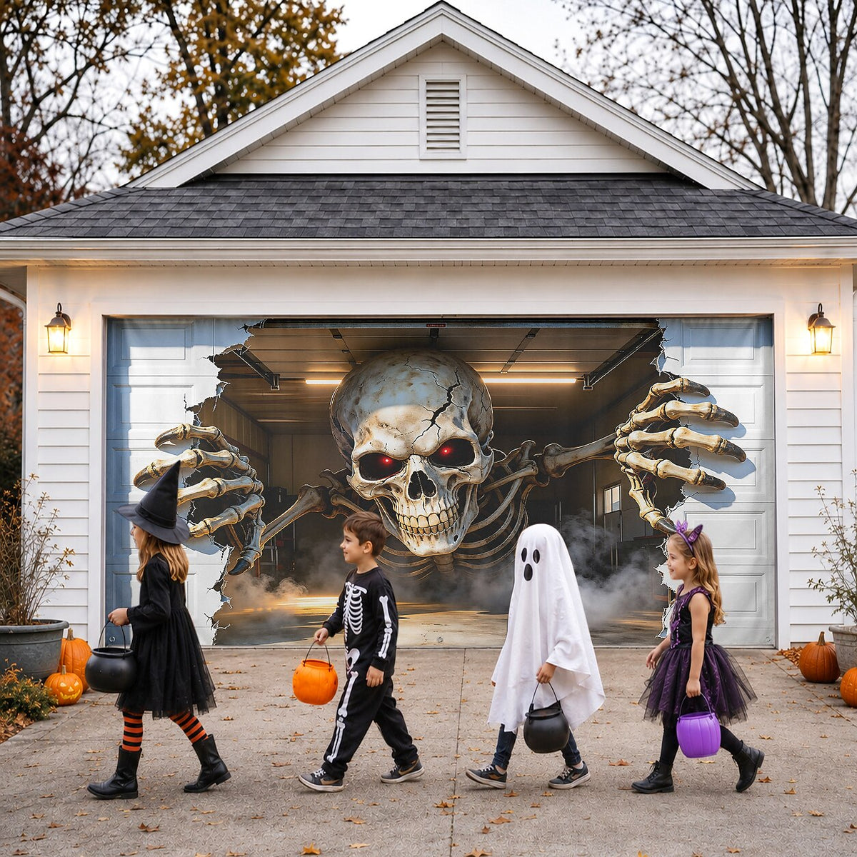 Spooky Skeleton Breaking Through Garage Door Halloween Cover