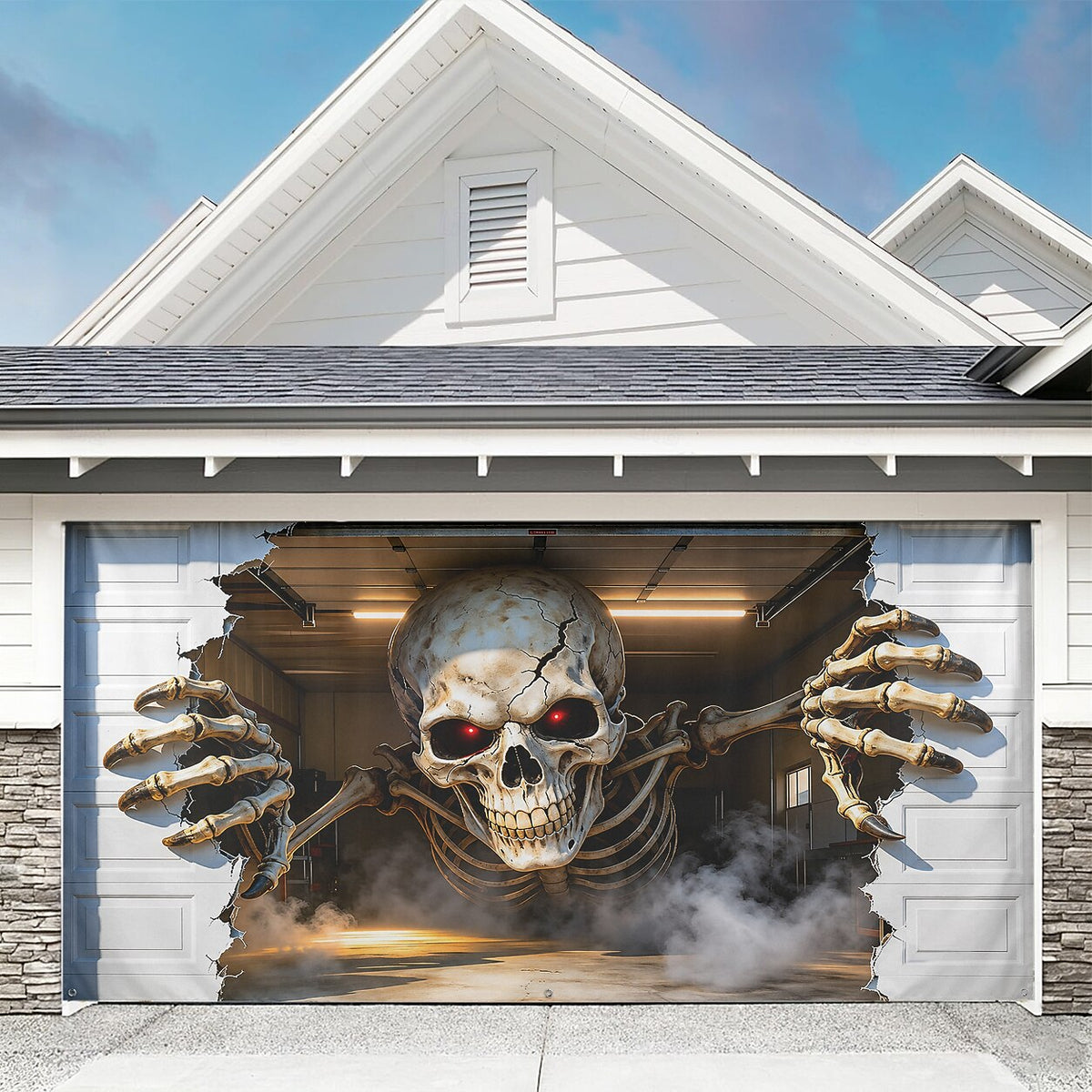 Spooky Skeleton Breaking Through Garage Door Halloween Cover
